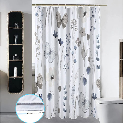 Stall Floral Shower Curtain Sets,36Wx72H Inch Narrow RV Grey and Ink Blue Flowers Fabric Shower Curtains, Soft Waterproof Polyester Bathroom Curtains with Hooks