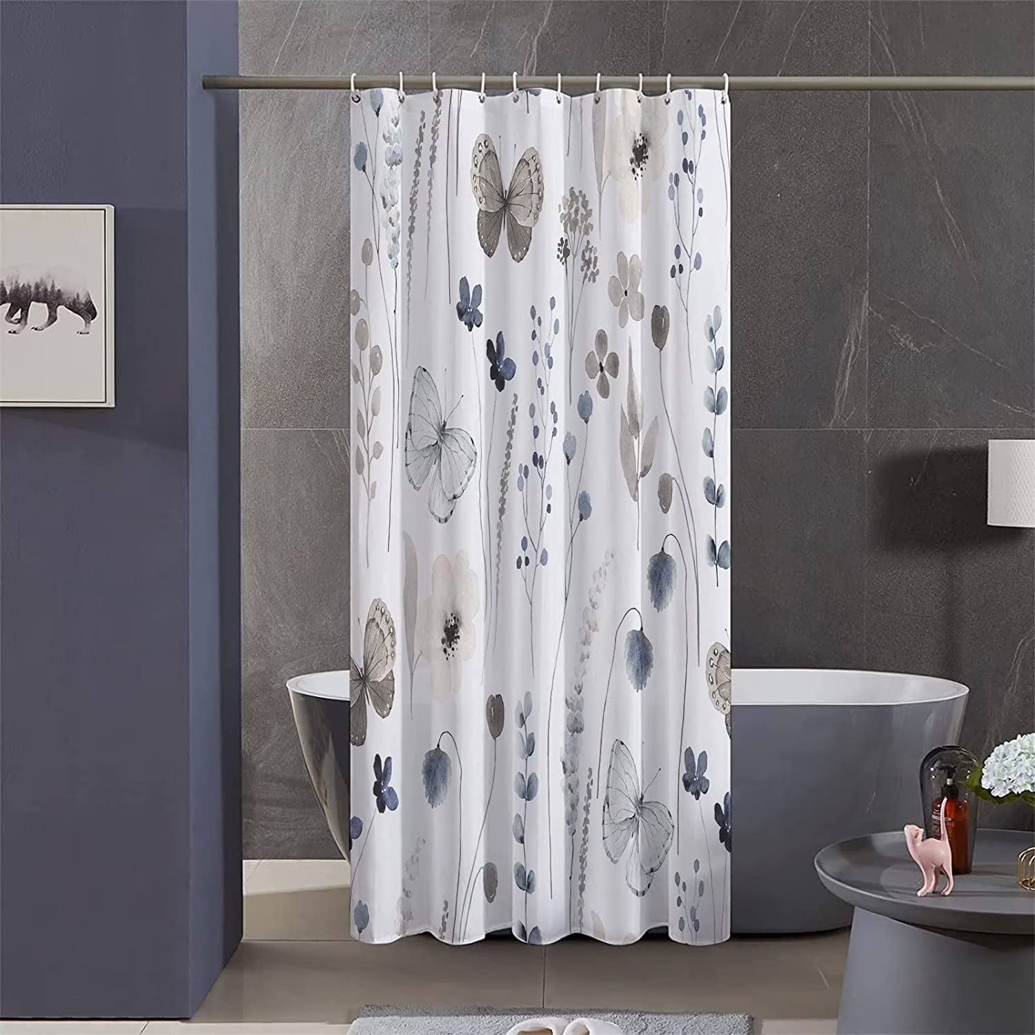 Stall Floral Shower Curtain Sets,36Wx72H Inch Narrow RV Grey and Ink Blue Flowers Fabric Shower Curtains, Soft Waterproof Polyester Bathroom Curtains with Hooks