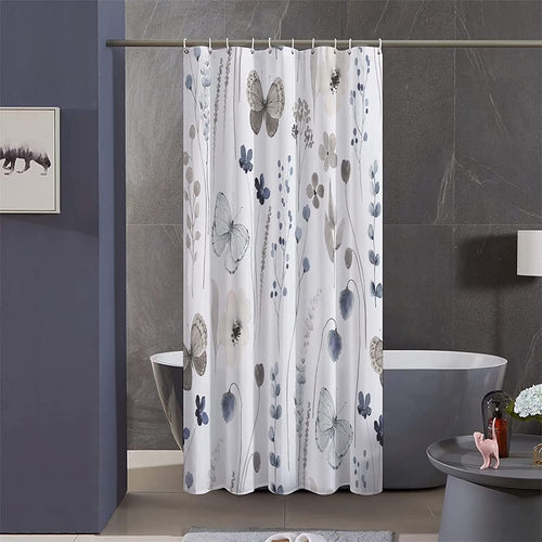 Stall Floral Shower Curtain Sets,36Wx72H Inch Narrow RV Grey and Ink Blue Flowers Fabric Shower Curtains, Soft Waterproof Polyester Bathroom Curtains with Hooks