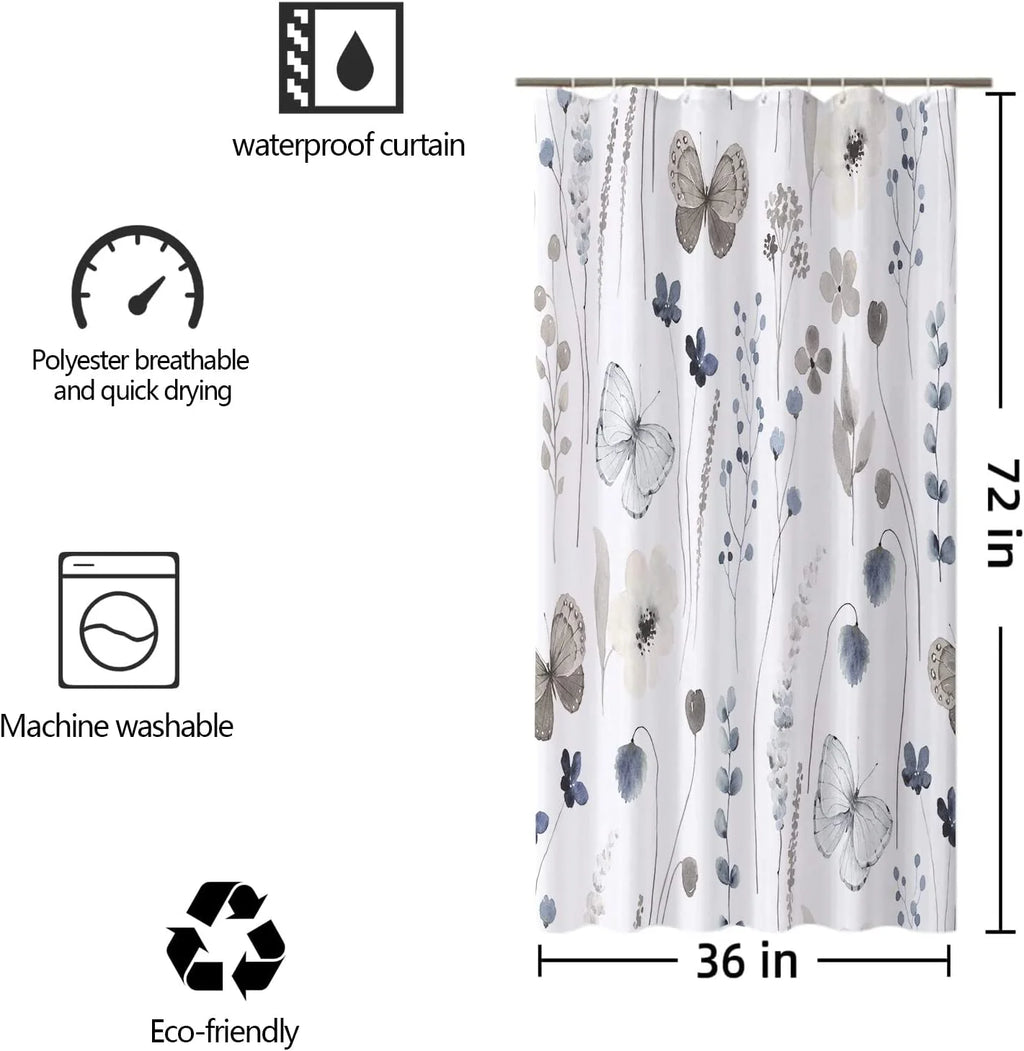 Stall Floral Shower Curtain Sets,36Wx72H Inch Narrow RV Grey and Ink Blue Flowers Fabric Shower Curtains, Soft Waterproof Polyester Bathroom Curtains with Hooks