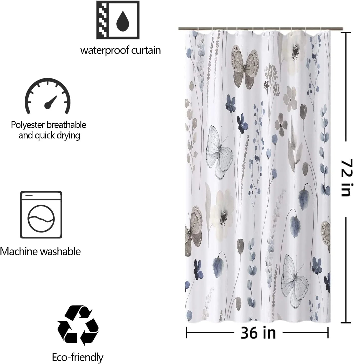 Stall Floral Shower Curtain Sets,36Wx72H Inch Narrow RV Grey and Ink Blue Flowers Fabric Shower Curtains, Soft Waterproof Polyester Bathroom Curtains with Hooks